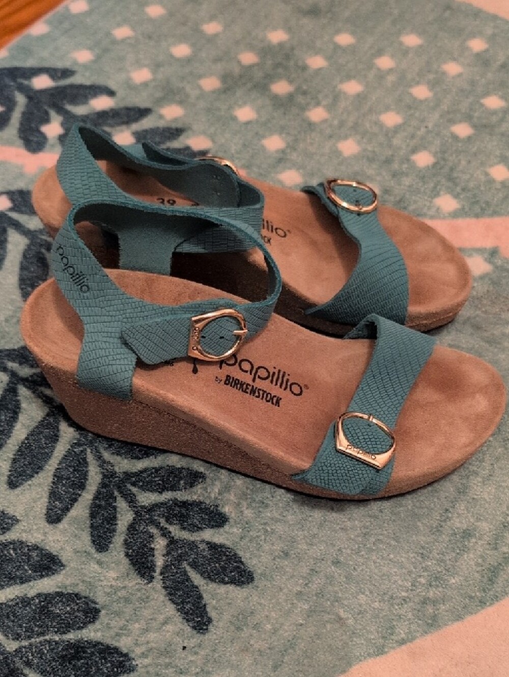 Birkenstock Papillio Teal Textured Two-Strap Wedge Sandals with Gold Buckles - Picture 2 of 9